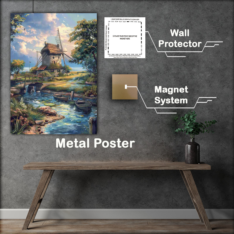 Buy Metal Poster : (Old windmil by the stream with boat)