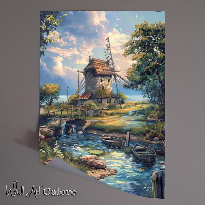 Buy Unframed Poster : (Old windmil by the stream with boat)