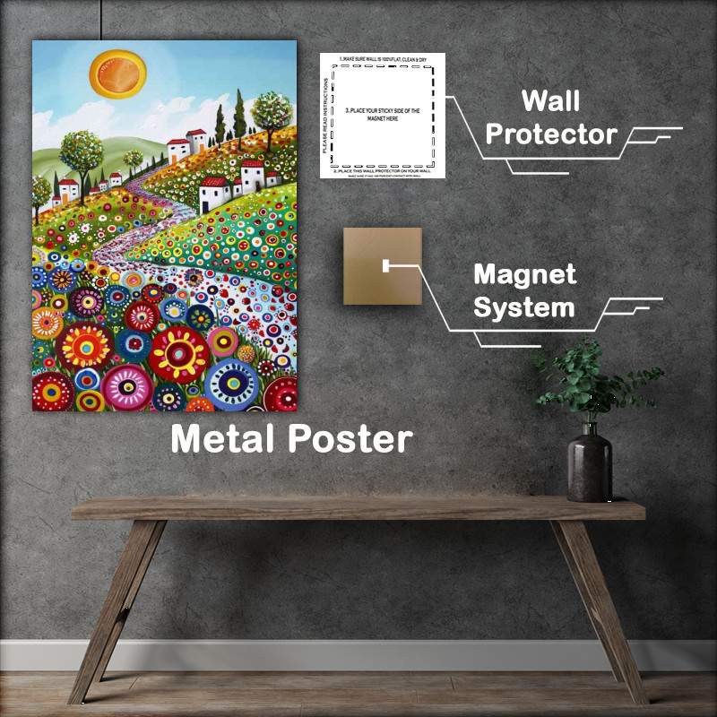 Buy Metal Poster : (Painted landscape with circle flowers)