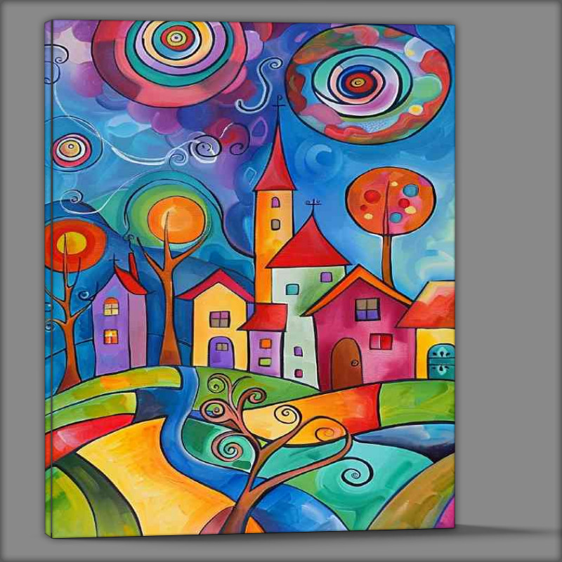 Buy Canvas : (Swirls and circles in th sky colourful village)