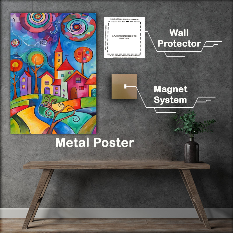 Buy Metal Poster : (Swirls and circles in th sky colourful village)