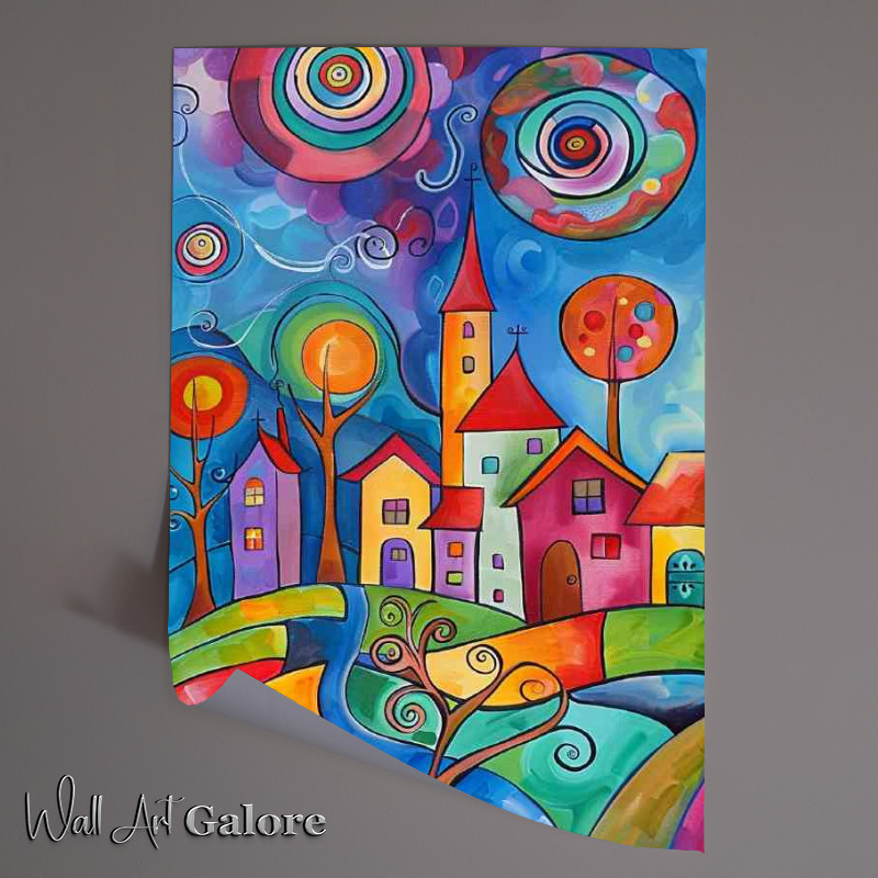 Buy Unframed Poster : (Swirls and circles in th sky colourful village)