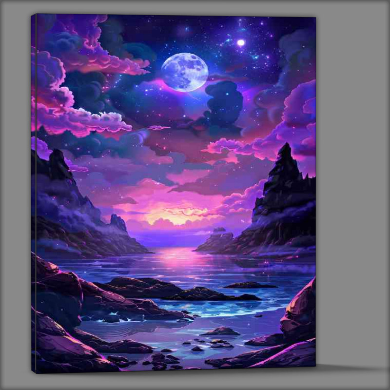 Buy Canvas : (Calm purple sea and tall mountains full moon)