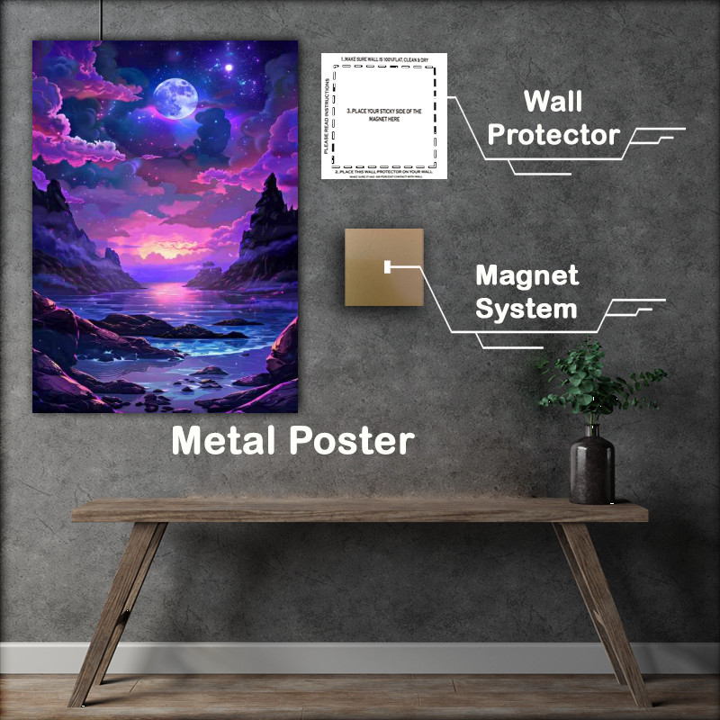 Buy Metal Poster : (Calm purple sea and tall mountains full moon)