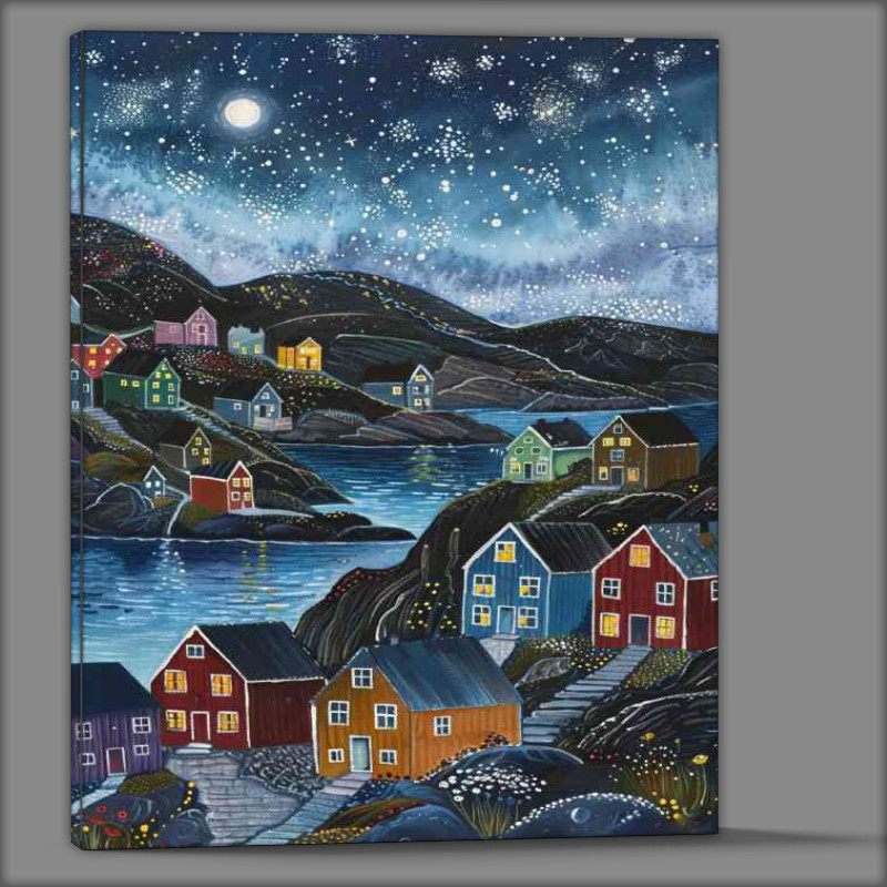 Buy Canvas : (A painting of colorful Scandinavian houses by the sea)