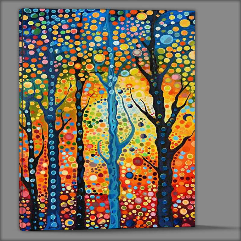 Buy Canvas : (A painting of trees with circles and dots in the sky)