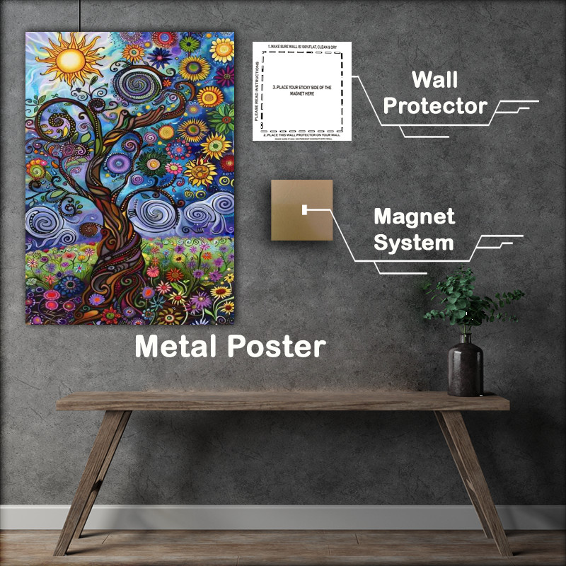 Buy Metal Poster : (A whimsical tree with swirling branches sunflowers)