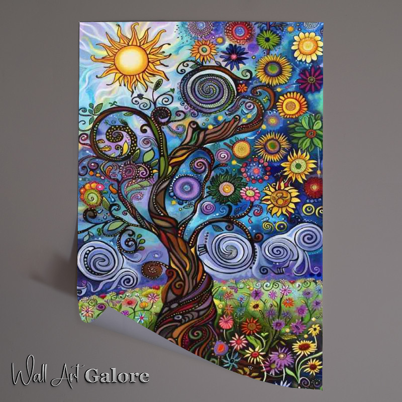 Buy Unframed Poster : (A whimsical tree with swirling branches sunflowers)
