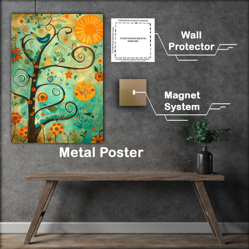 Buy Metal Poster : (Abstract whimsical art birds in tree)