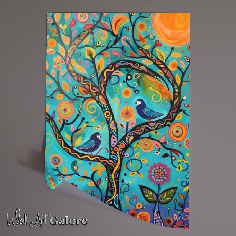 Buy Unframed Poster : (Abstract whimsical folk art birds in tree)