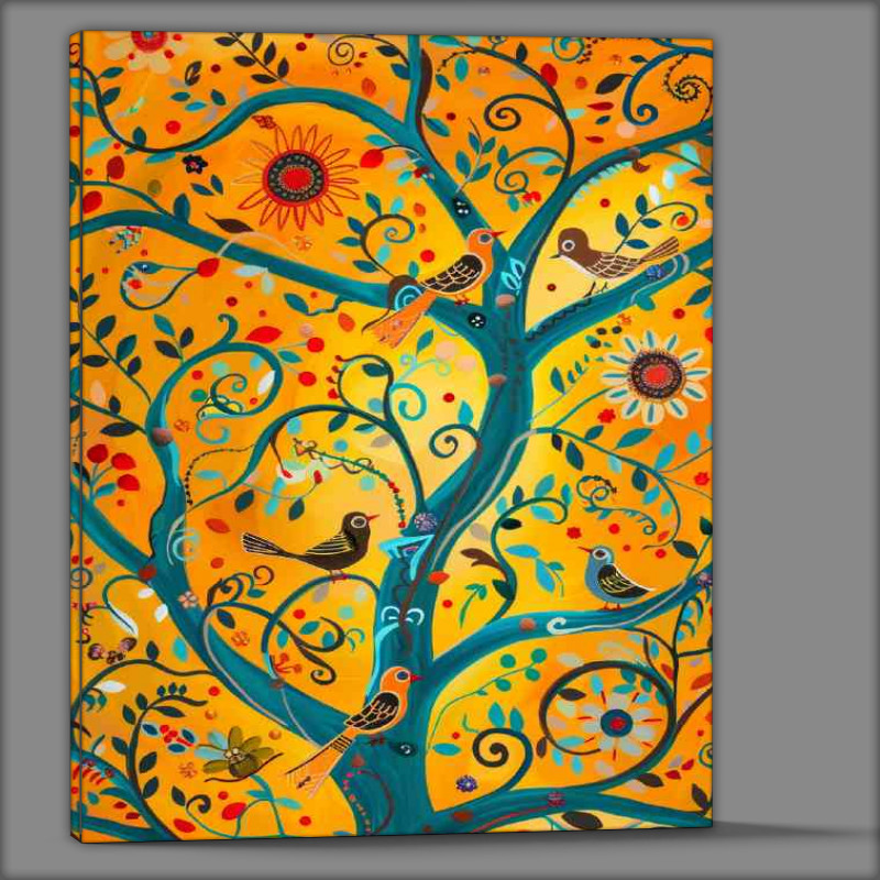 Buy Canvas : (Abstract whimsical folk art birds in tree orange blue)