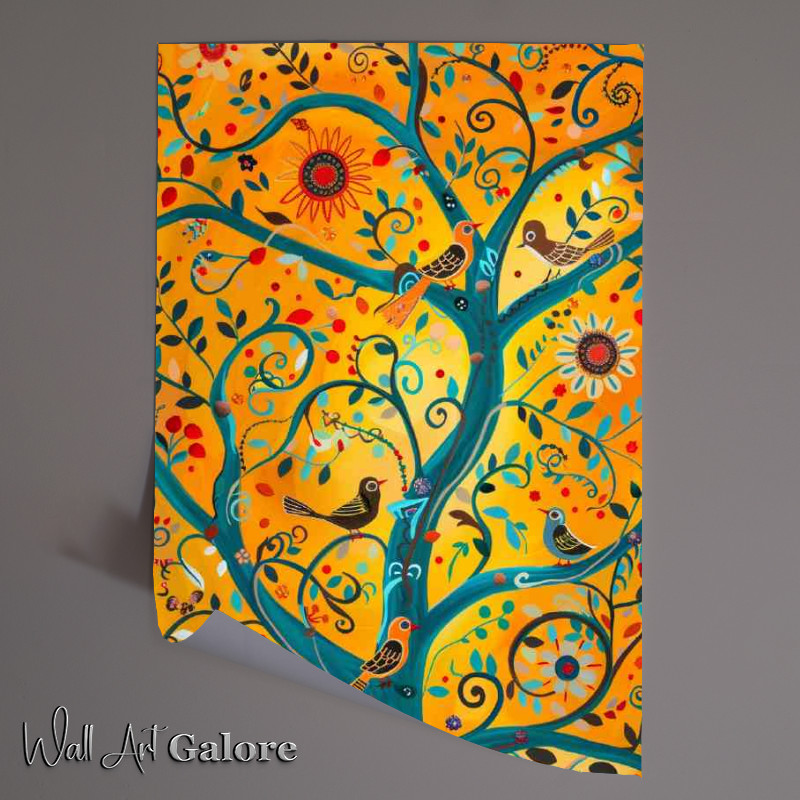 Buy Unframed Poster : (Abstract whimsical folk art birds in tree orange blue)