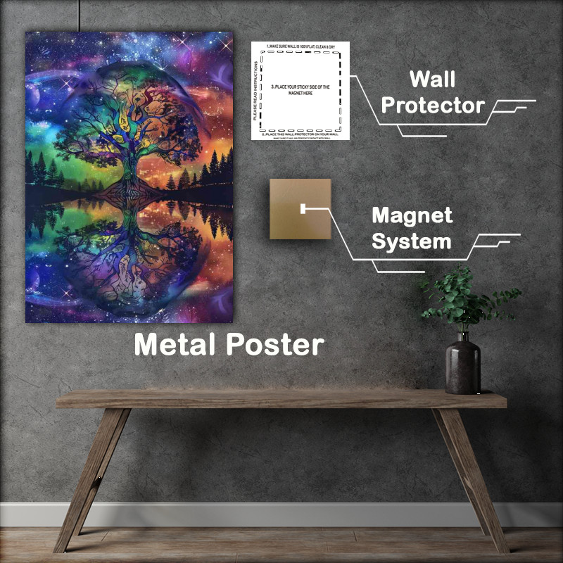 Buy Metal Poster : (Colorful tree of life with reflection in a lake)