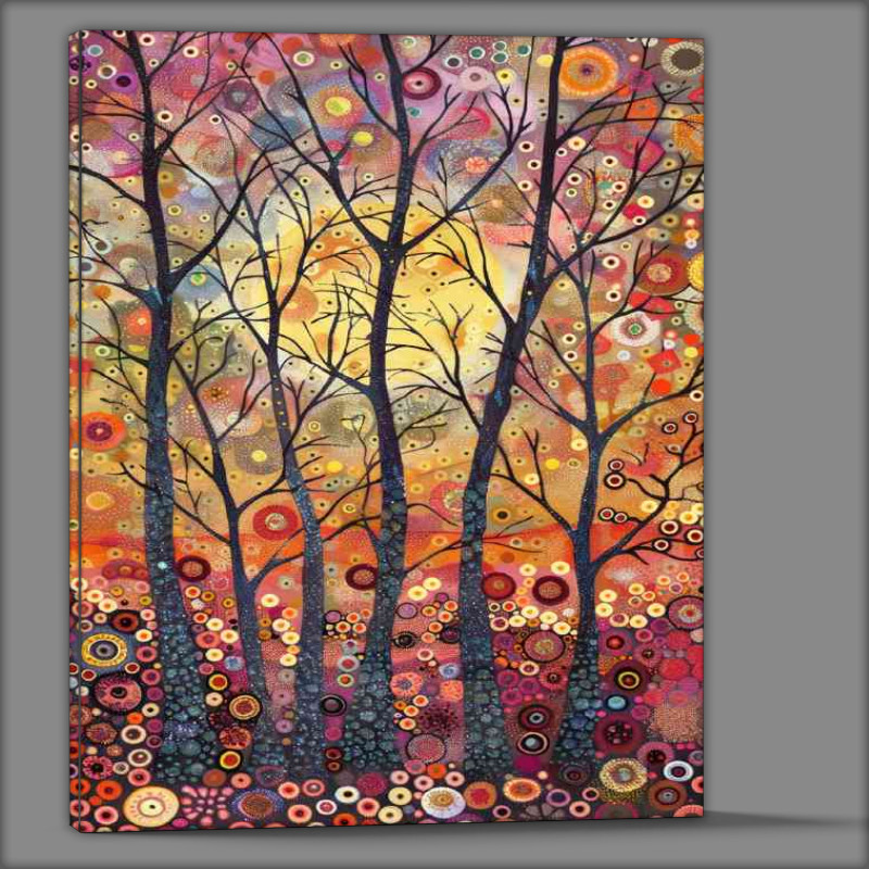 Buy Canvas : (Painted forest trees with setting sun)
