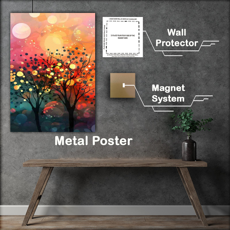 Buy Metal Poster : (Sunset trees with dots)