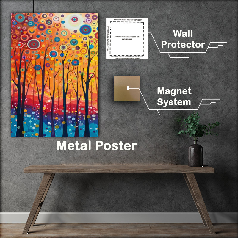 Buy Metal Poster : (Surreal landscape of trees with colorful circles)