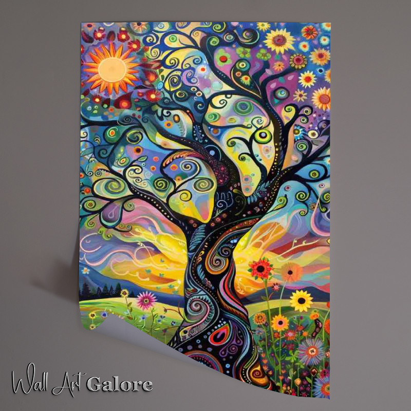 Buy Unframed Poster : (Whimsical tree with swirling branches sunflowers And sun)