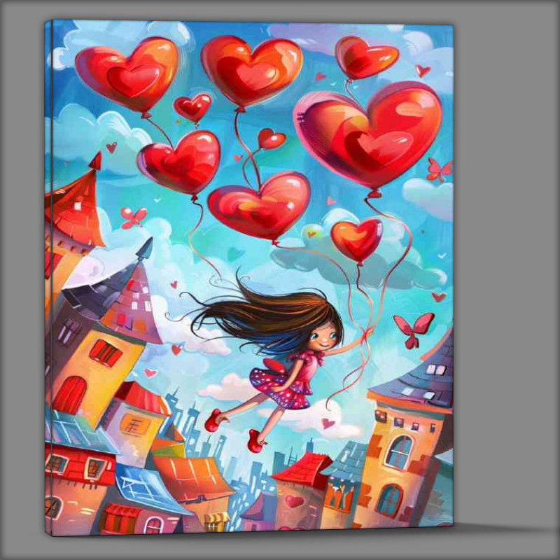 Buy Canvas : (Whimsical and colorful heart ballons flying)