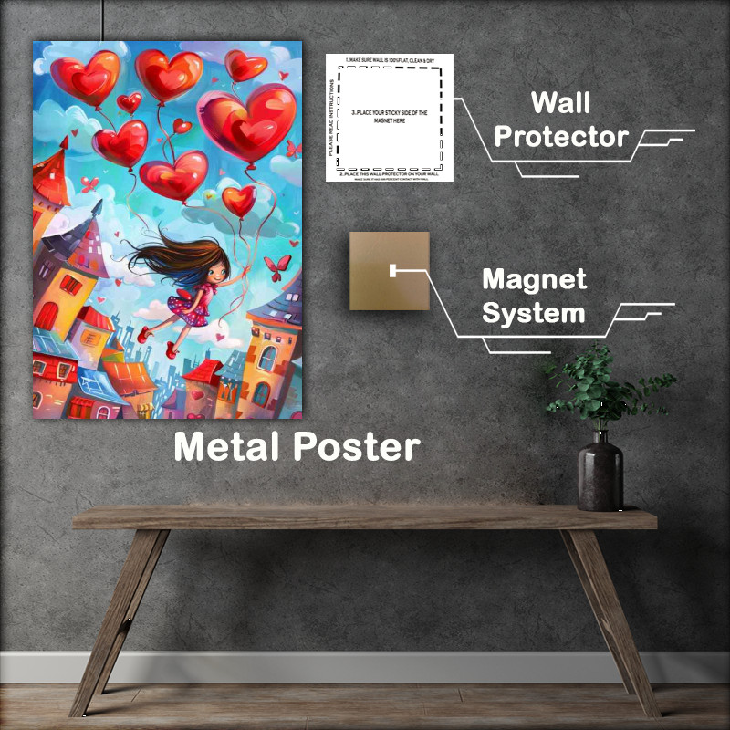 Buy Metal Poster : (Whimsical and colorful heart ballons flying)