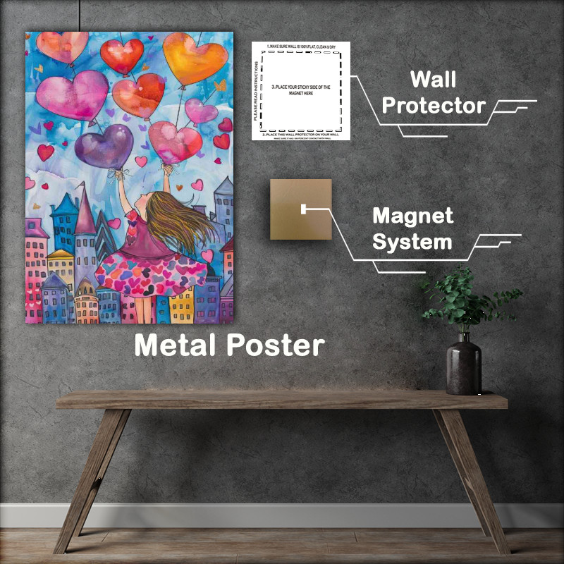 Buy Metal Poster : (Wimsical girl in the city with hearts)