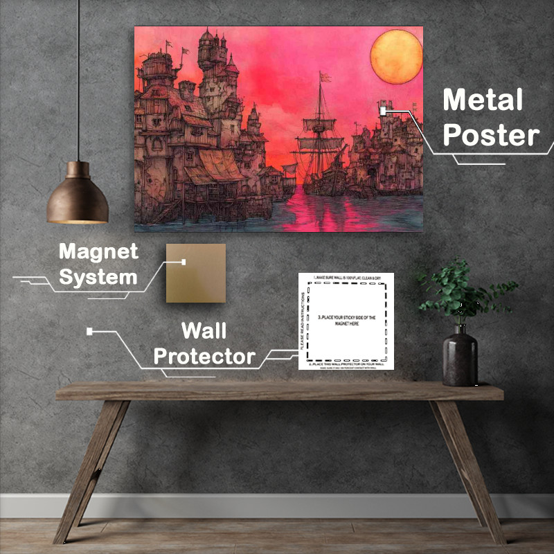 Buy Metal Poster : (Pirate village whimsical orange sun)
