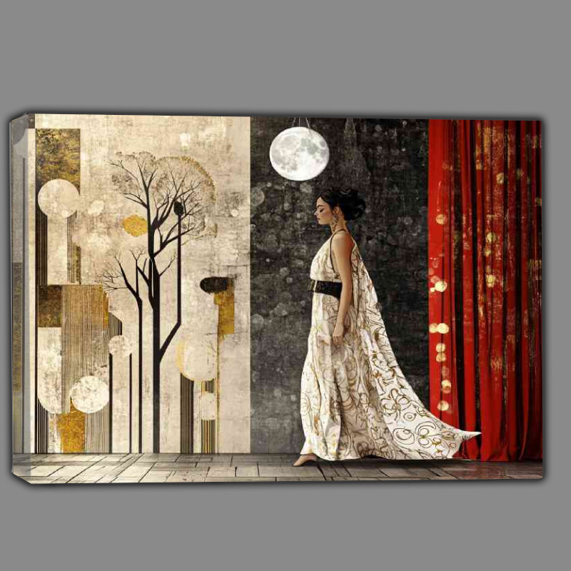 Buy Canvas : (A beautiful woman walking on the catwalk red curtain)