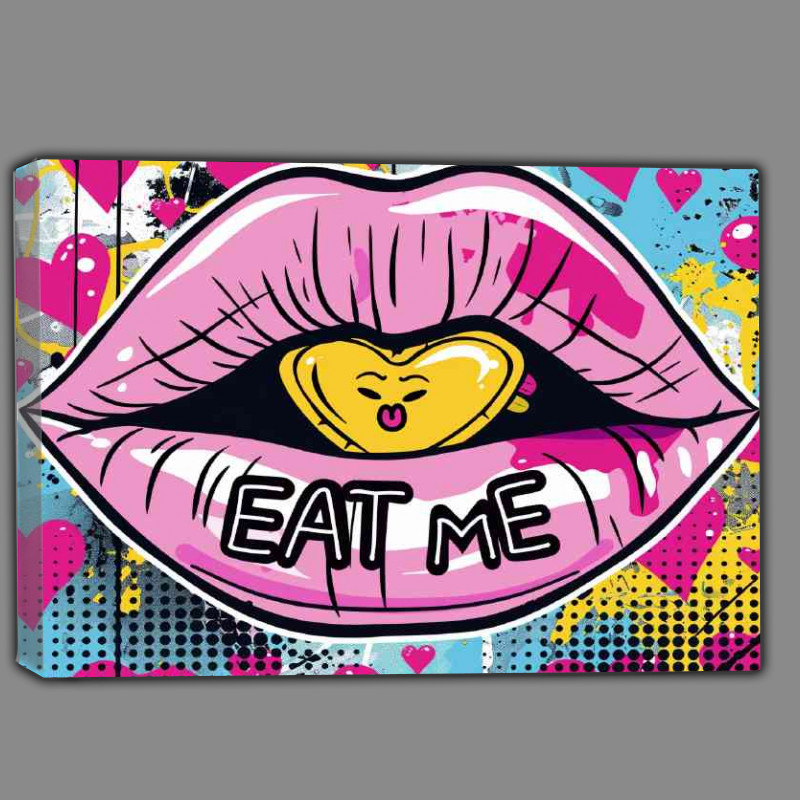 Buy Canvas : (A pop art style cartoon of pink lips with EAT ME)