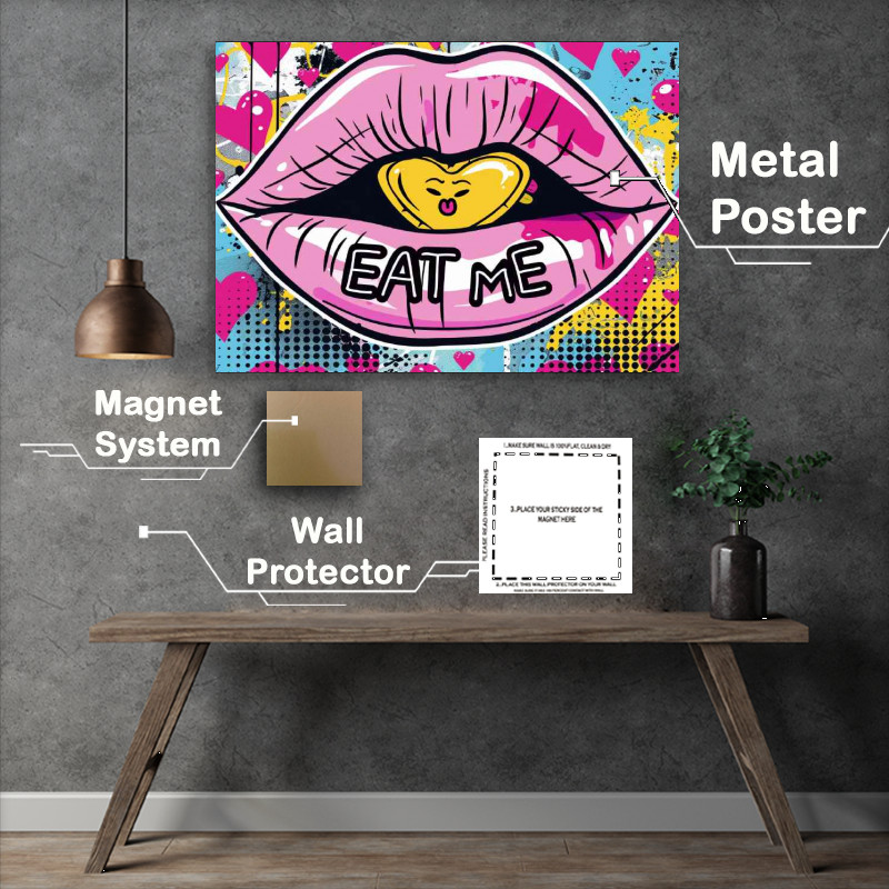 Buy Metal Poster : (A pop art style cartoon of pink lips with EAT ME)