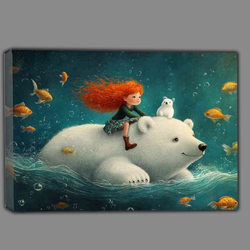Buy Canvas : (Cute polar bear swimming with fish and red haird girl on back)
