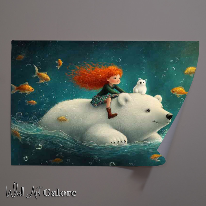 Buy Unframed Poster : (Cute polar bear swimming with fish and red haird girl on back)