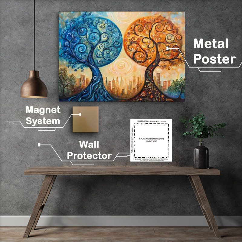 Buy Metal Poster : (Orange and blue ying and yang trees)