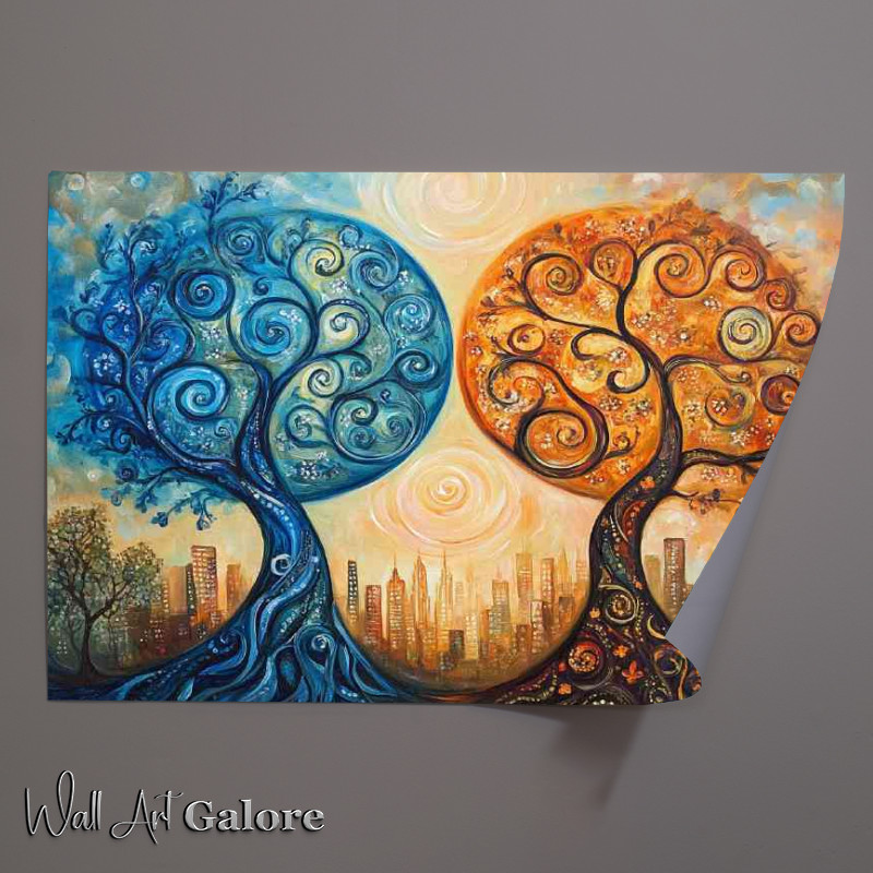 Buy Unframed Poster : (Orange and blue ying and yang trees)