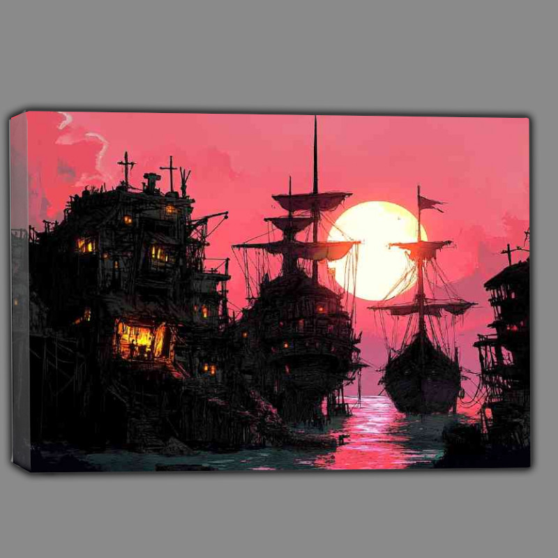 Buy Canvas : (Pink sunset pirate ship docking)