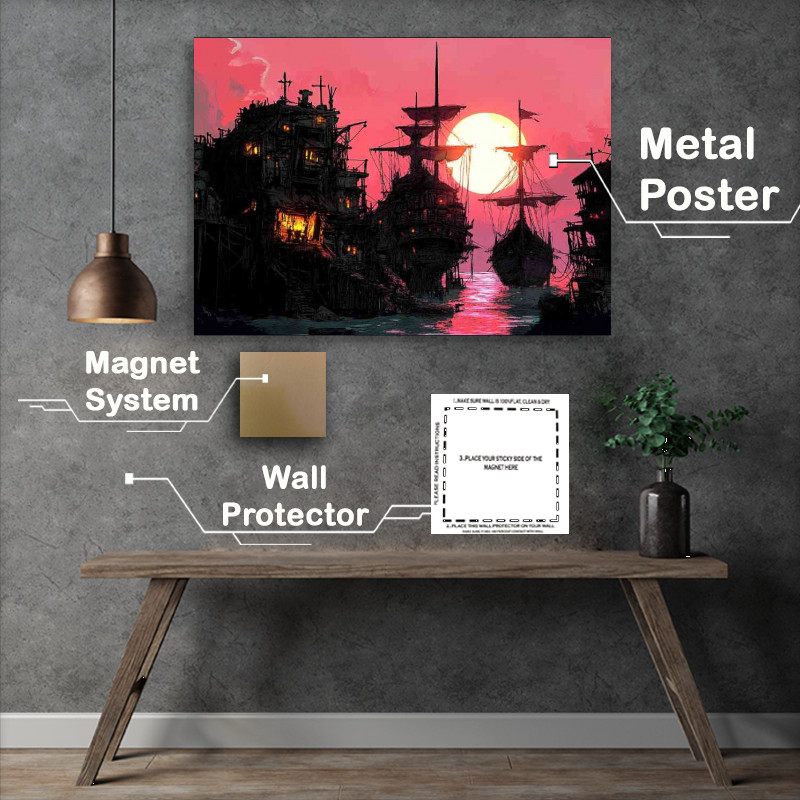 Buy Metal Poster : (Pink sunset pirate ship docking)