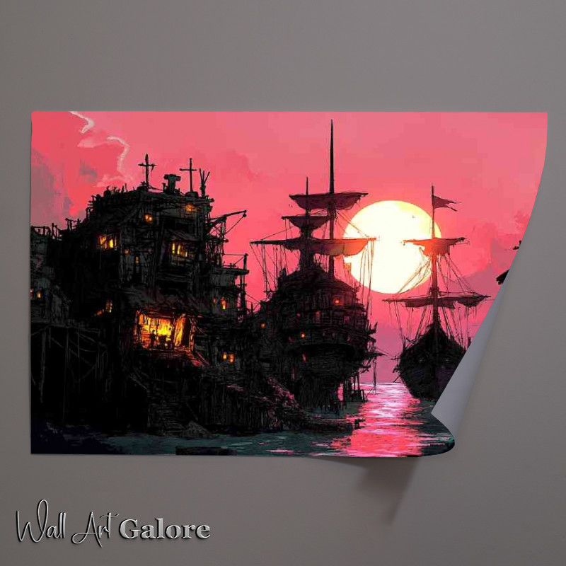 Buy Unframed Poster : (Pink sunset pirate ship docking)