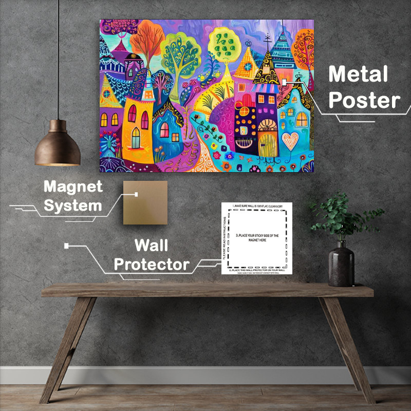 Buy Metal Poster : (Wimsical folk art village)