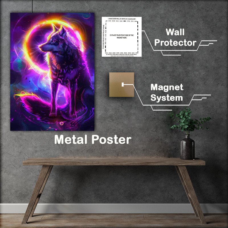 Buy Metal Poster : (A mystical wolf with vibrant fur standing)