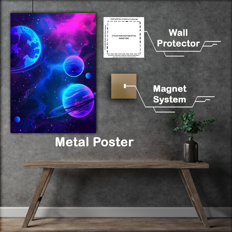 Buy Metal Poster : (Neon blue and purple planets)