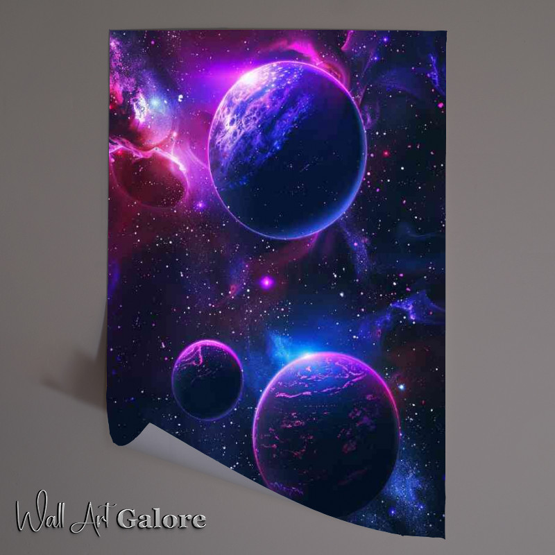 Buy Unframed Poster : (Neon blue and purple planets and stars)