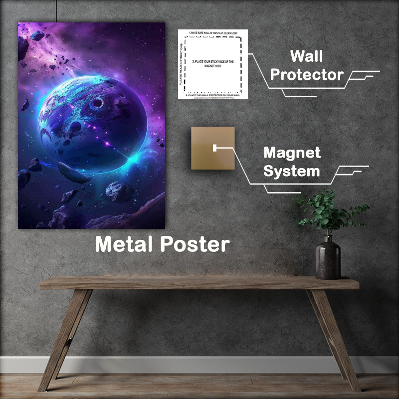 Buy Metal Poster : (Planet purple and blue surrounded by rocks)