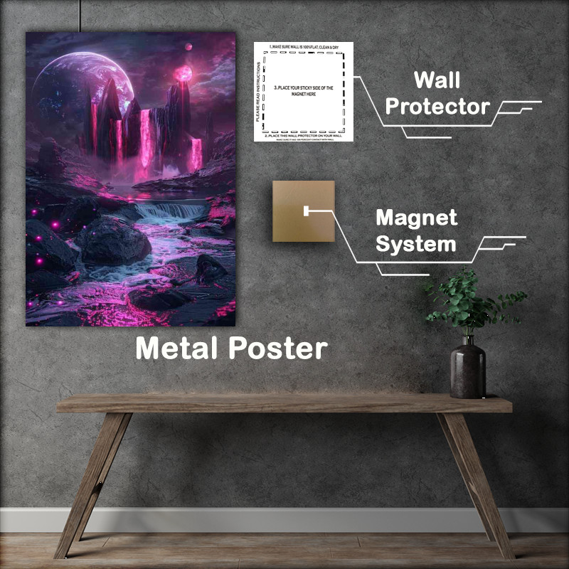 Buy Metal Poster : (Planet with_red and pink neon waterfalls)