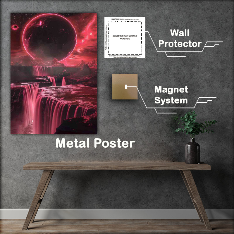 Buy Metal Poster : (Red and pink waterfall with full moon)