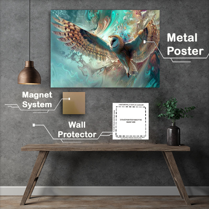 Buy Metal Poster : (Owl with transparent wings is flying through the waves)
