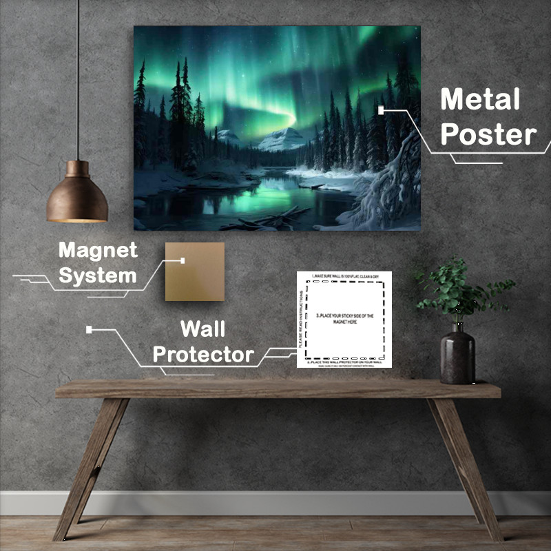 Buy Metal Poster : (Winters Glow Snowfall and Northern Lights)