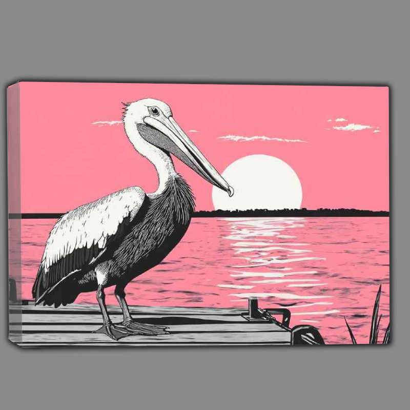 Buy Canvas : (Pelican on a wooden dock pink sky)