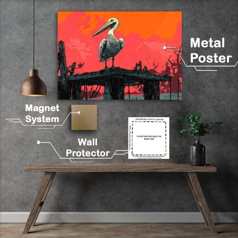 Buy Metal Poster : (Pelican on the wooden jetty)