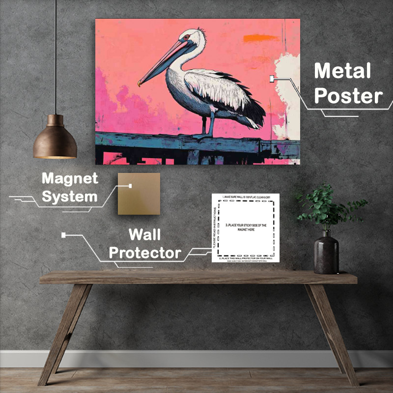 Buy Metal Poster : (Pelican with pink skyline)