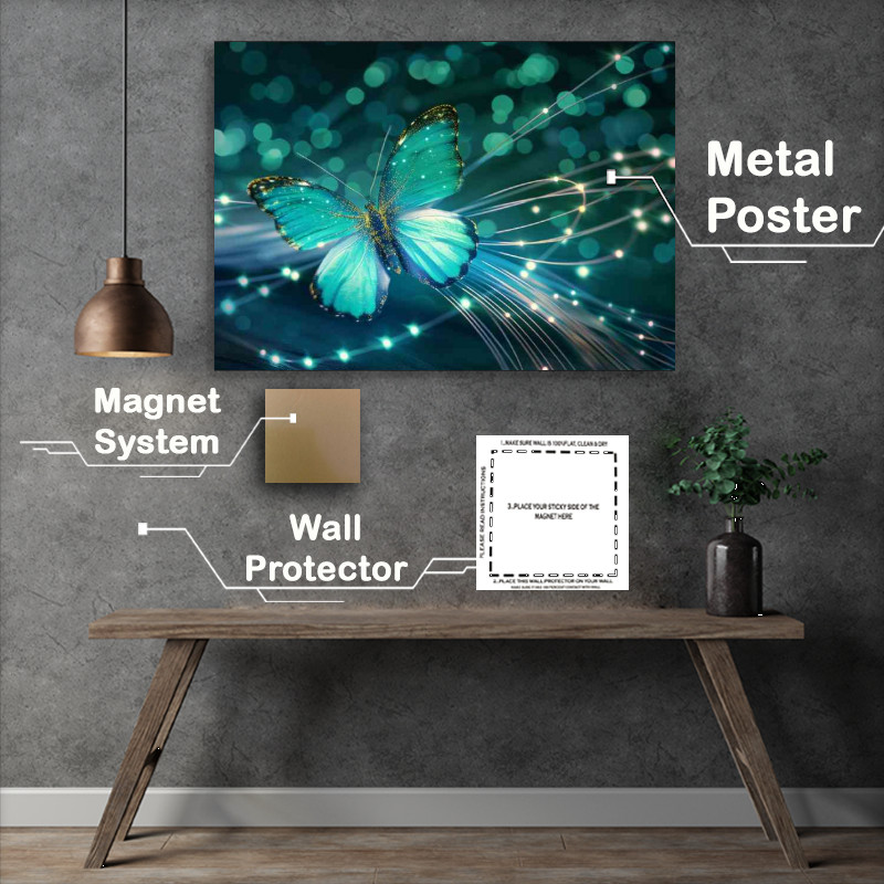 Buy Metal Poster : (Beautiful turquoise butterfly with glitter and sparkle)
