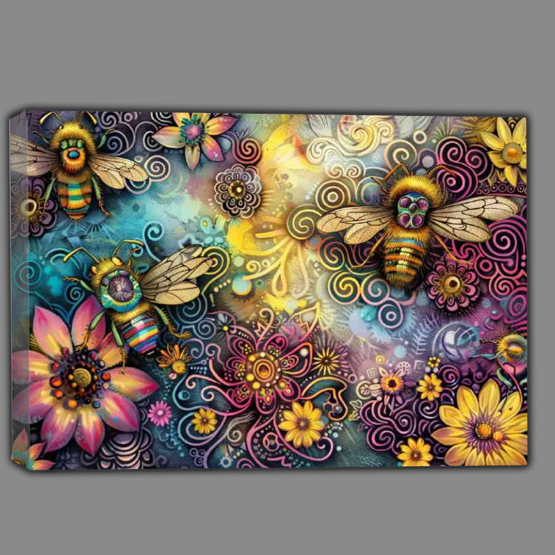 Buy Canvas : (Bees happy cartoon flowers style)