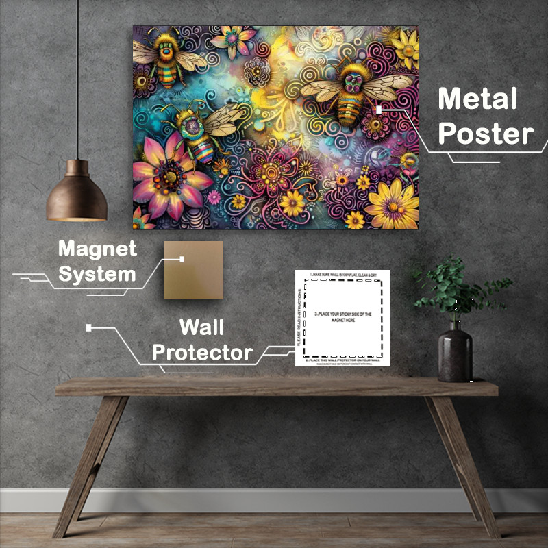 Buy Metal Poster : (Bees happy cartoon flowers style)